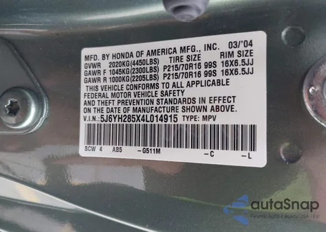 2004 Honda Element Ex z USA, uszkodzony, nr VIN 5J6YH285X4L014915
